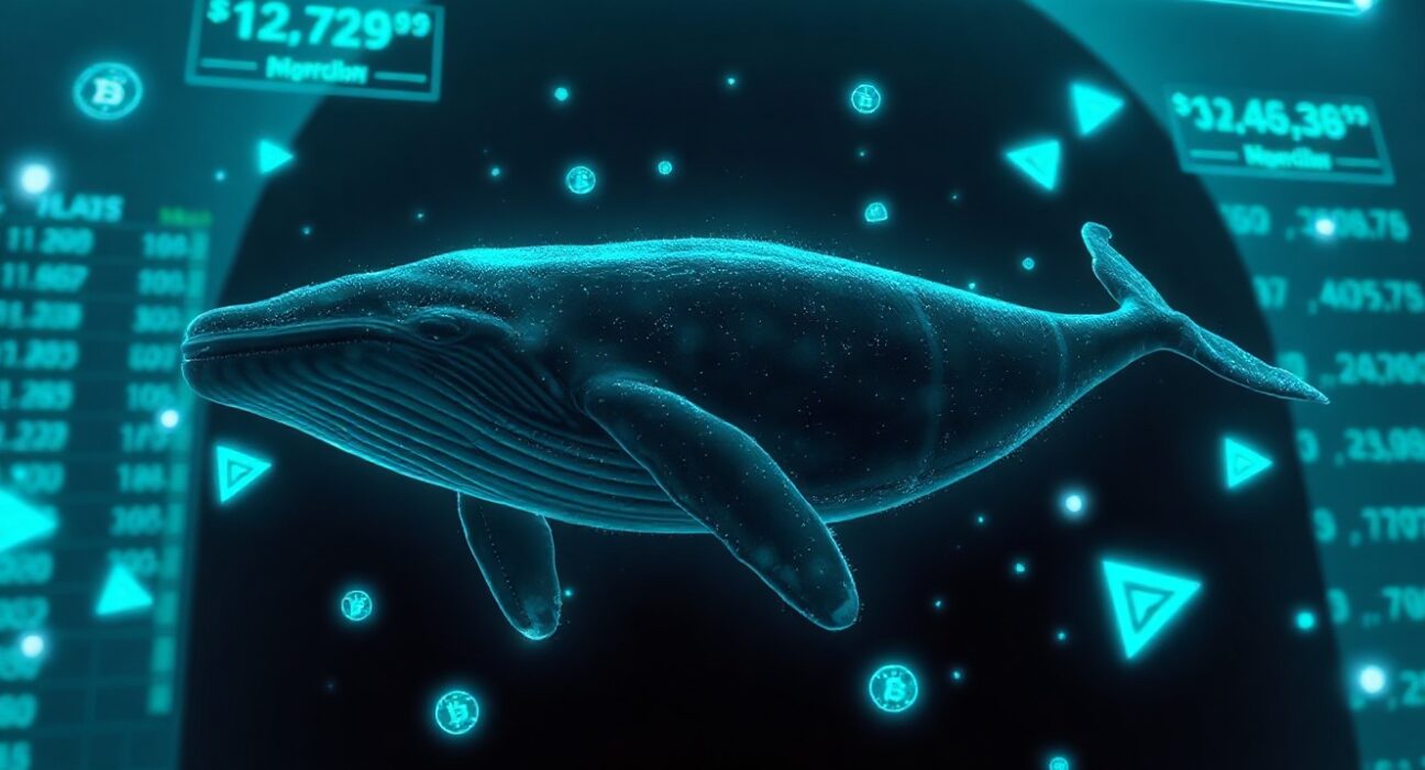 Digital whale swimming through blockchain data streams representing a large crypto transaction