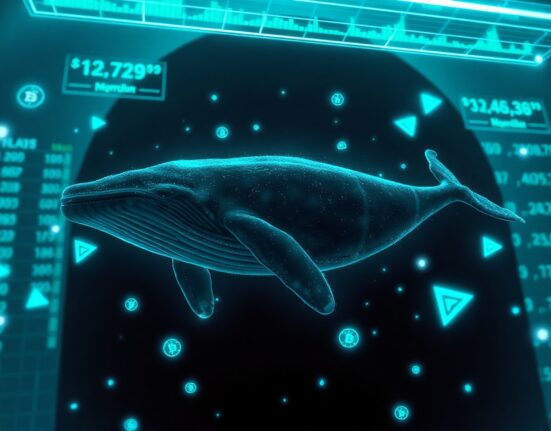 Digital whale swimming through blockchain data streams representing a large crypto transaction