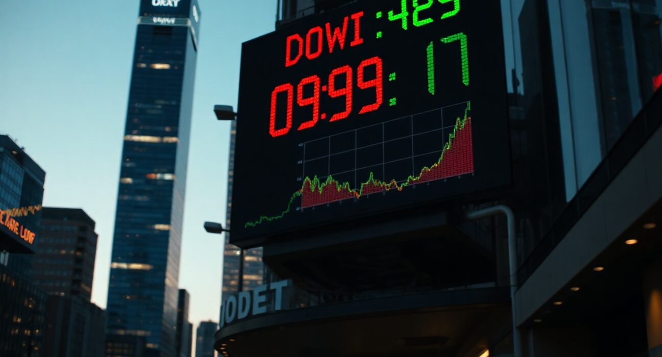 Dow Jones Industrial Average ticker board showing mixed market performance in financial district