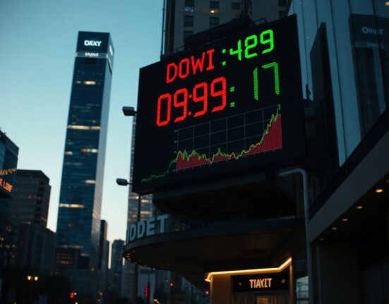 Dow Jones Industrial Average ticker board showing mixed market performance in financial district