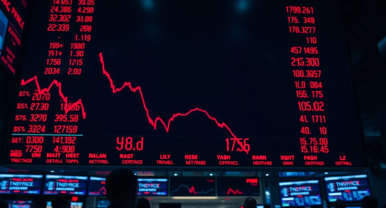 Stock market board showing red declining futures numbers and charts.