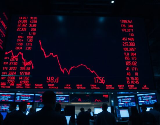 Stock market board showing red declining futures numbers and charts.