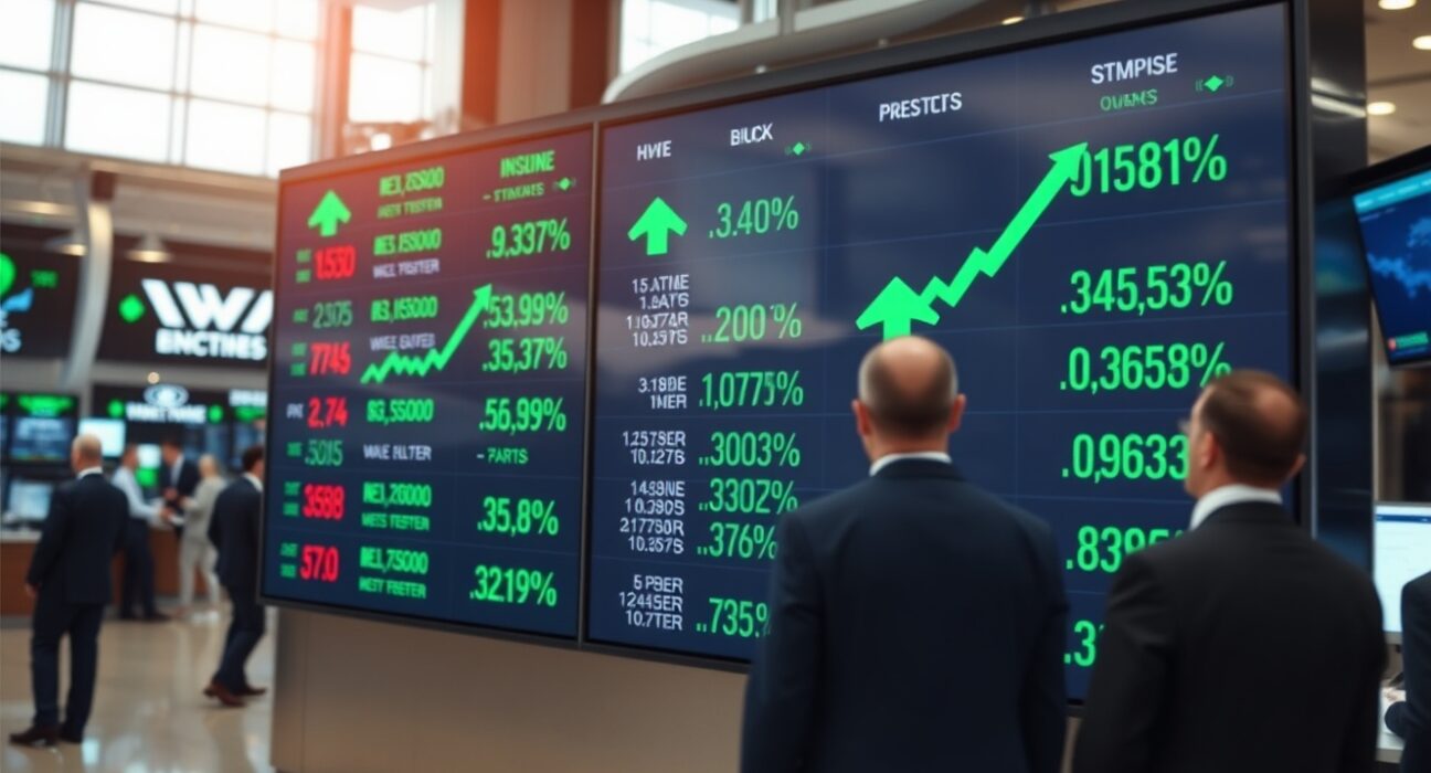 Stock market display board showing green arrows and positive index changes in a modern trading floor.