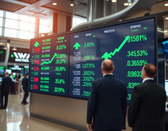Stock market display board showing green arrows and positive index changes in a modern trading floor.