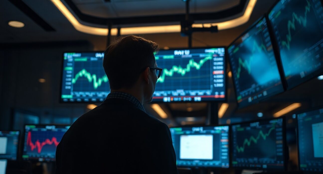 Stock trader monitoring financial screens showing Dow futures uptrend after Iran strike reports
