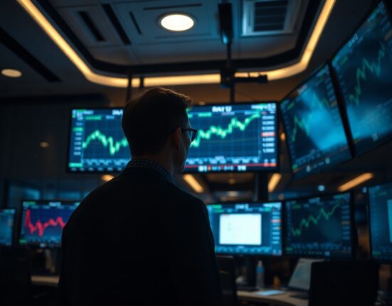 Stock trader monitoring financial screens showing Dow futures uptrend after Iran strike reports