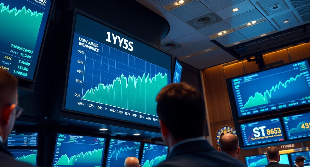 Stock exchange trading floor with digital screens showing Dow Jones futures rising on a tech rally.