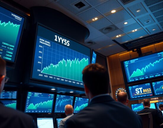 Stock exchange trading floor with digital screens showing Dow Jones futures rising on a tech rally.