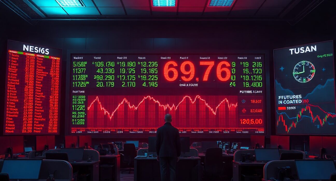 Stock market board showing Dow Jones futures in red on a dimly lit trading floor.
