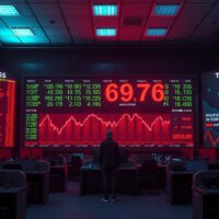 Stock market board showing Dow Jones futures in red on a dimly lit trading floor.