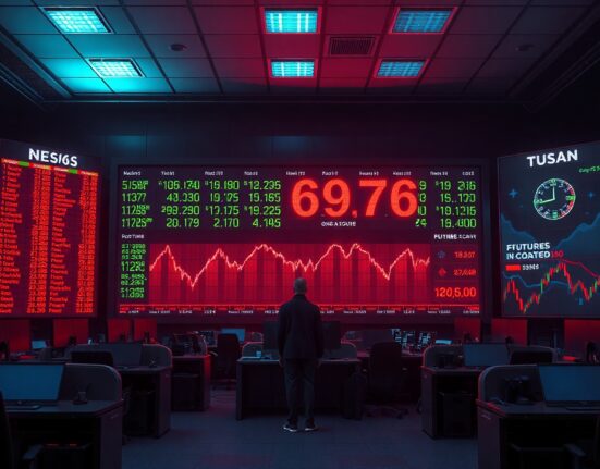 Stock market board showing Dow Jones futures in red on a dimly lit trading floor.