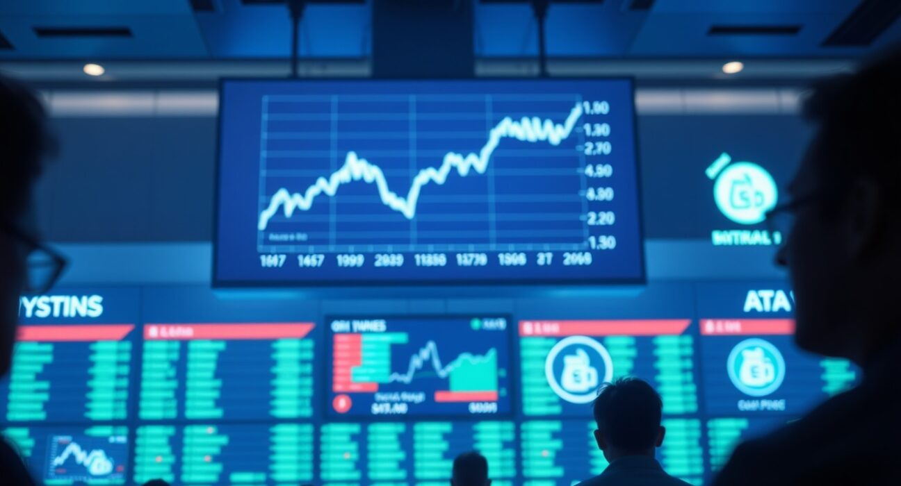 Traders on the floor of a stock exchange with screens showing Dow futures and oil price charts