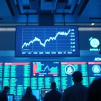 Traders on the floor of a stock exchange with screens showing Dow futures and oil price charts