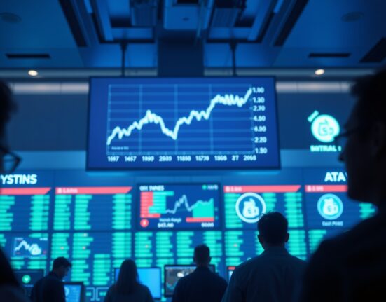 Traders on the floor of a stock exchange with screens showing Dow futures and oil price charts