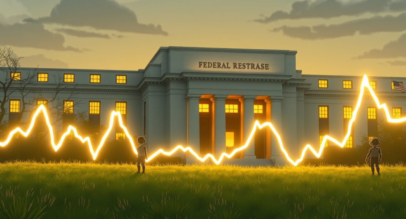 Dow Jones Industrial Average chart analysis showing impact of AI disruption and Federal Reserve policy.