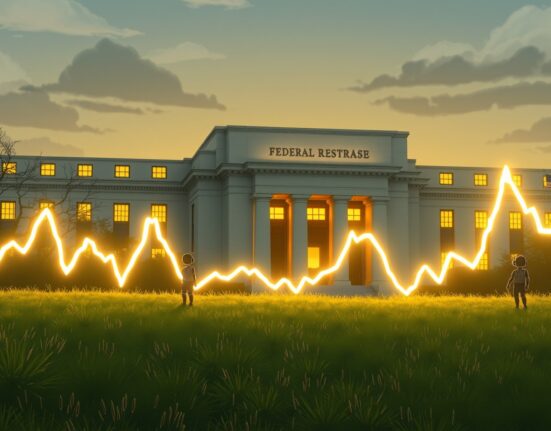 Dow Jones Industrial Average chart analysis showing impact of AI disruption and Federal Reserve policy.