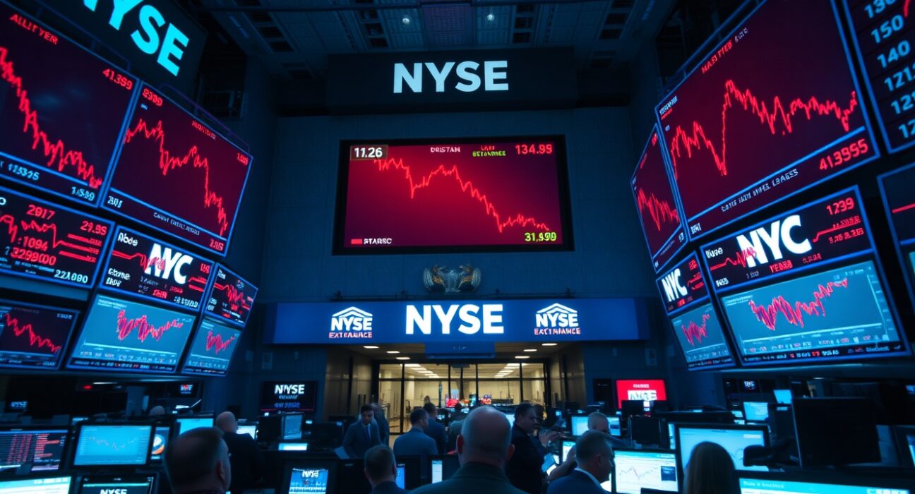 NYSE trading floor with traders watching red Dow Jones ticker as bond vigilantes pressure markets