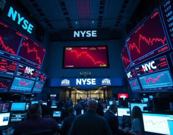 NYSE trading floor with traders watching red Dow Jones ticker as bond vigilantes pressure markets