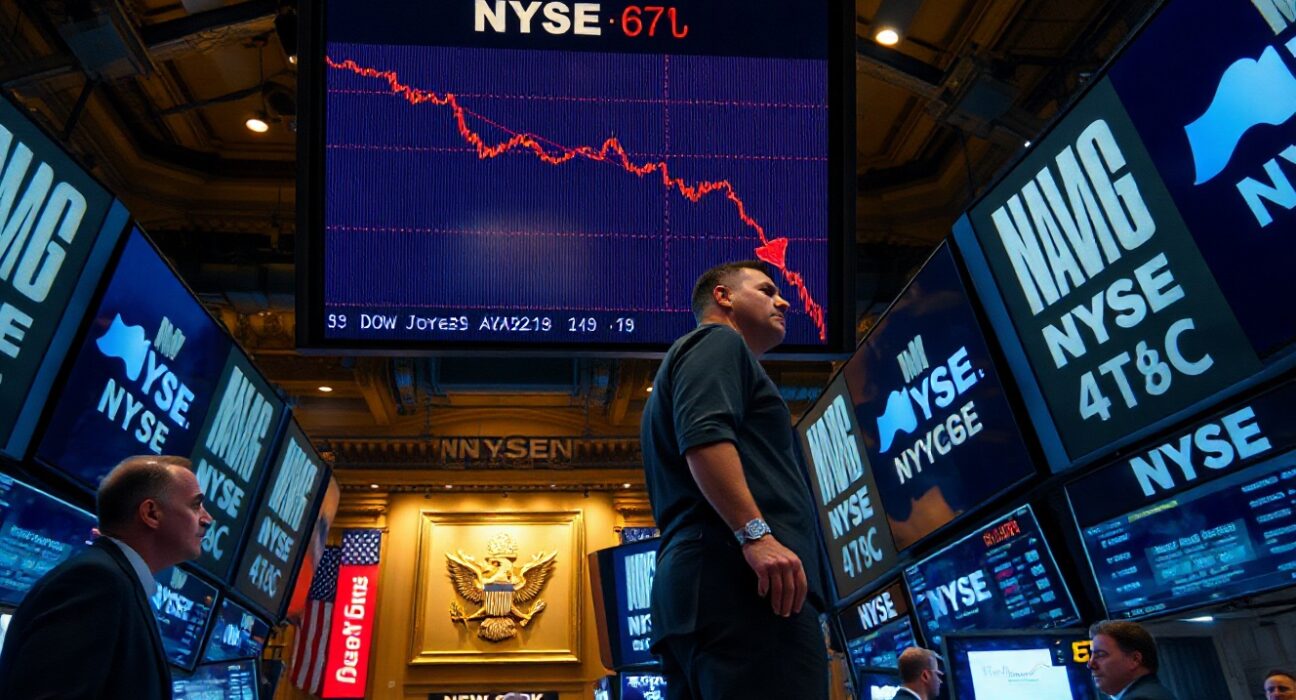 Dow Jones Industrial Average ticker showing red numbers on a busy trading floor