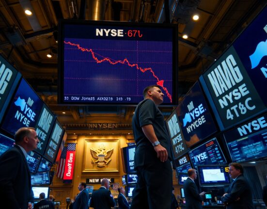 Dow Jones Industrial Average ticker showing red numbers on a busy trading floor