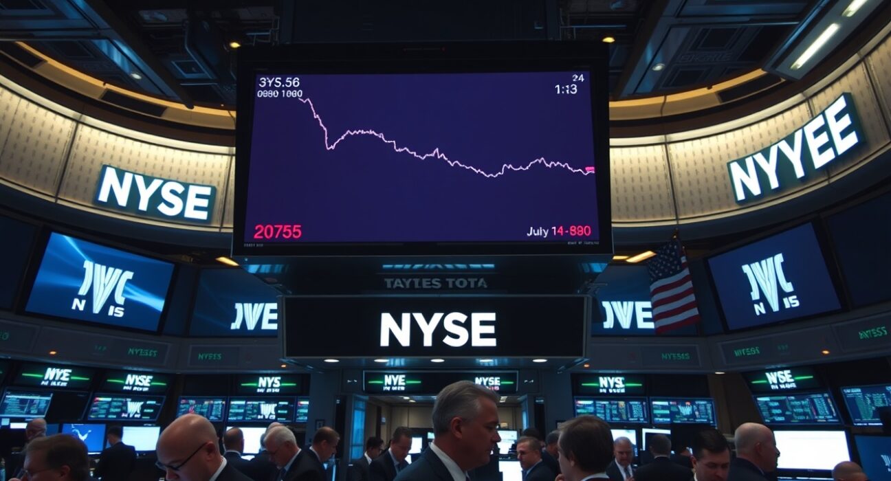 Dow Jones Industrial Average ticker on NYSE trading floor with subdued traders