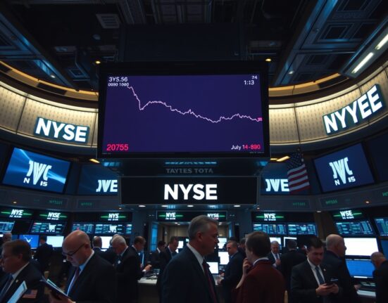 Dow Jones Industrial Average ticker on NYSE trading floor with subdued traders