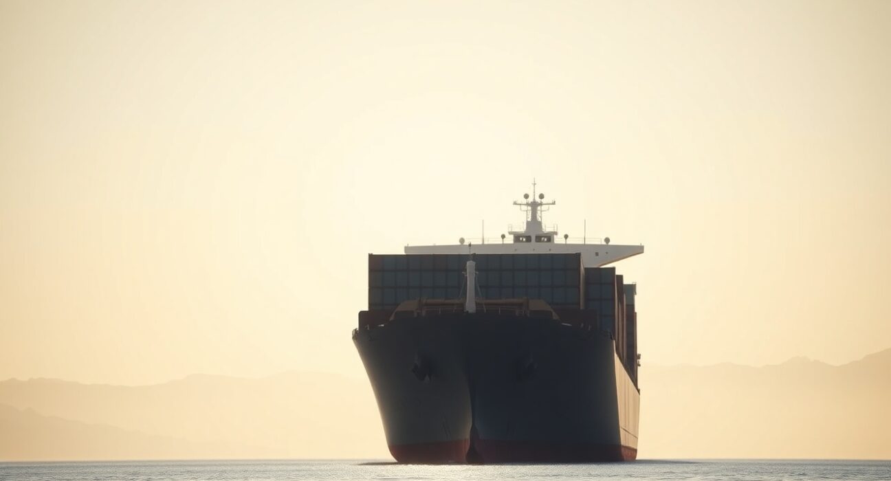 Container ship in the Strait of Hormuz representing geopolitical risk to global markets and the Dow Jones correction.