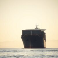 Container ship in the Strait of Hormuz representing geopolitical risk to global markets and the Dow Jones correction.