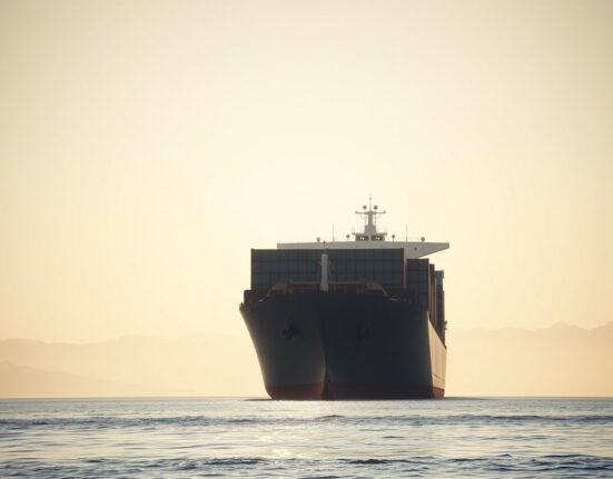 Container ship in the Strait of Hormuz representing geopolitical risk to global markets and the Dow Jones correction.