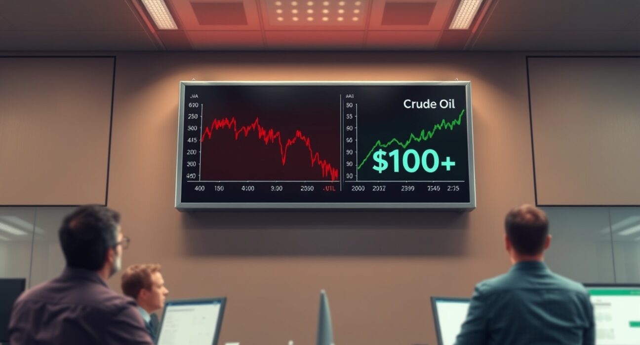 Stock ticker showing Dow Jones falling and crude oil price surging past $100 a barrel on a trading