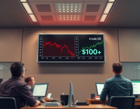 Stock ticker showing Dow Jones falling and crude oil price surging past $100 a barrel on a trading floor.