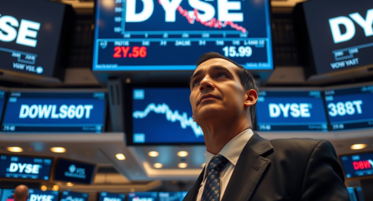 Trading floor with Dow Jones index charts showing market uncertainty and defensive stock rotation.