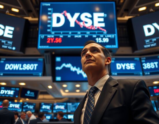 Trading floor with Dow Jones index charts showing market uncertainty and defensive stock rotation.