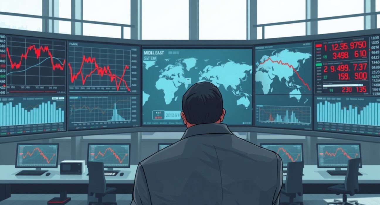 Financial analyst monitors falling Dow Jones charts amid Iran conflict market uncertainty.