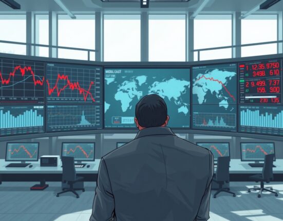 Financial analyst monitors falling Dow Jones charts amid Iran conflict market uncertainty.