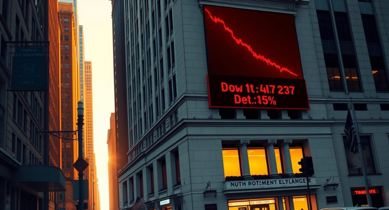 Dow Jones Industrial Average decline shown on NYSE ticker during market selloff
