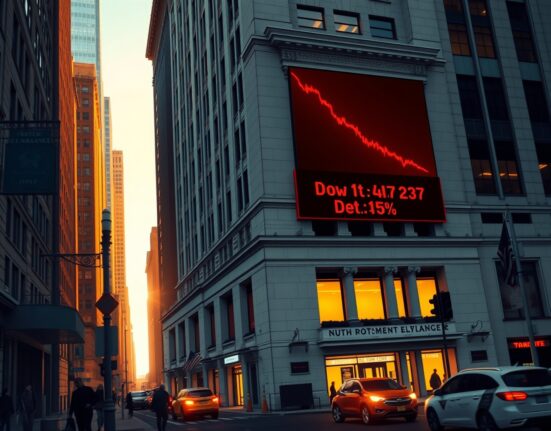 Dow Jones Industrial Average decline shown on NYSE ticker during market selloff
