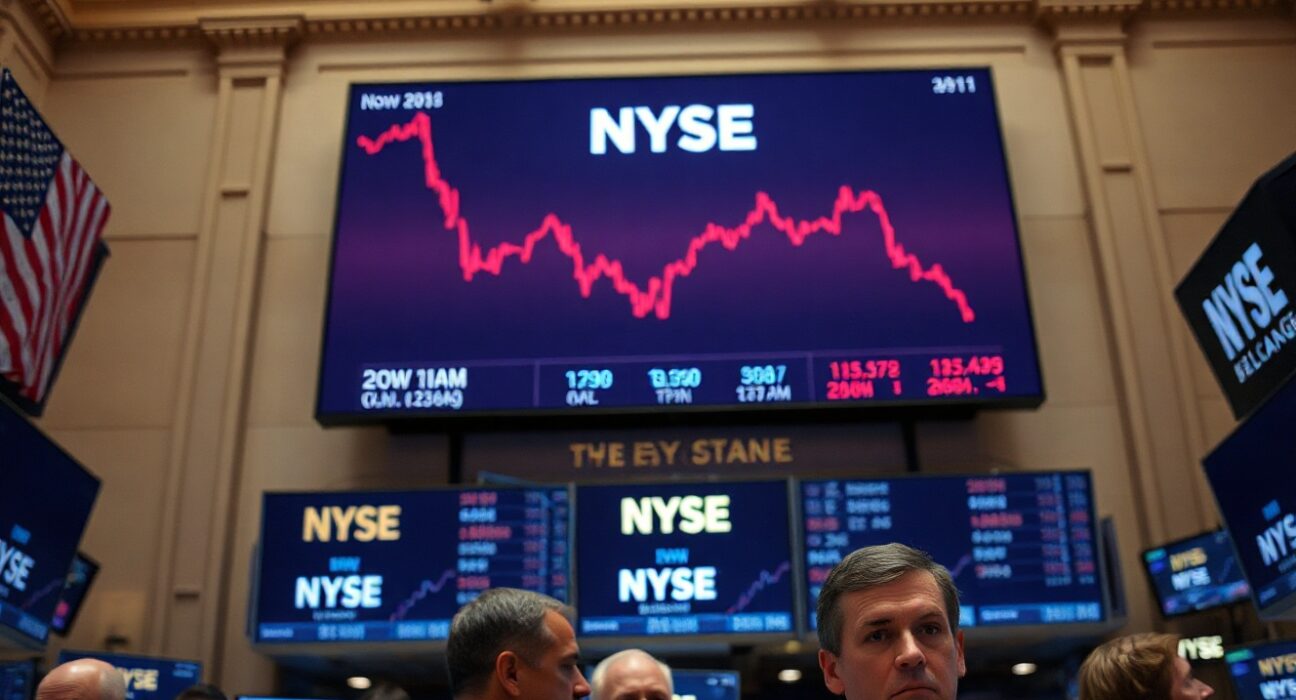 NYSE trading floor with red Dow Jones display showing decline after Fed hawkish stance