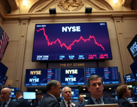 NYSE trading floor with red Dow Jones display showing decline after Fed hawkish stance
