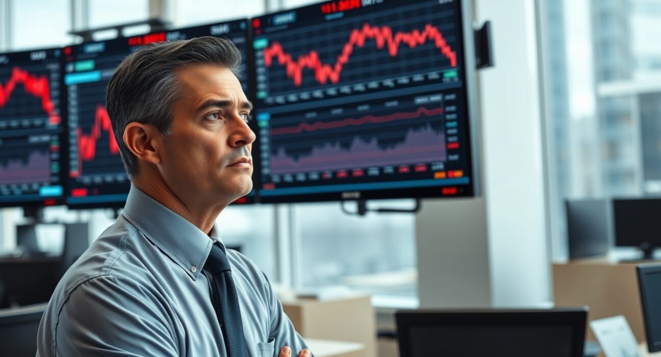 Financial analyst monitors significant Dow Jones stock market decline on trading floor screens.