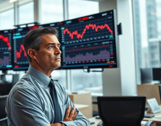 Financial analyst monitors significant Dow Jones stock market decline on trading floor screens.