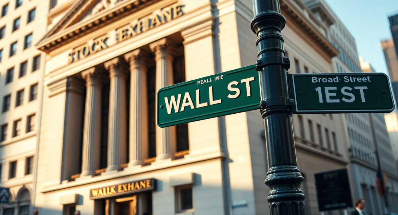 Wall Street sign representing the Dow Jones Industrial Average ahead of the Federal Reserve's interest rate announcement.