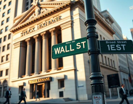 Wall Street sign representing the Dow Jones Industrial Average ahead of the Federal Reserve's interest rate announcement.