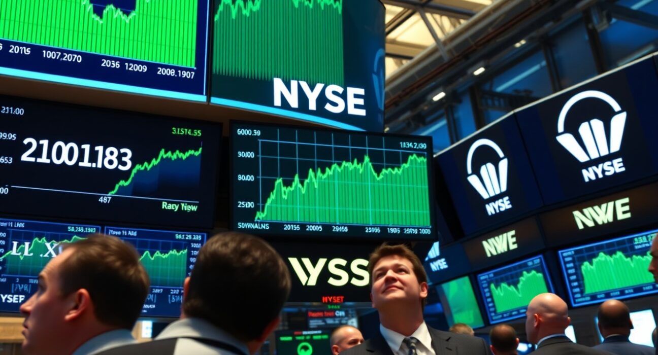 Stock exchange floor with green digital charts showing Dow Jones index rise