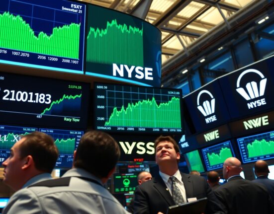 Stock exchange floor with green digital charts showing Dow Jones index rise