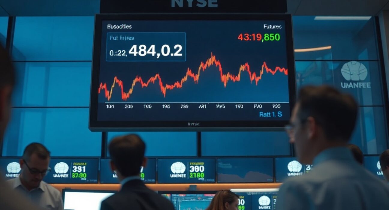 Traders monitoring a Dow Jones futures screen showing slight declines in a modern trading floor