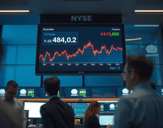 Traders monitoring a Dow Jones futures screen showing slight declines in a modern trading floor