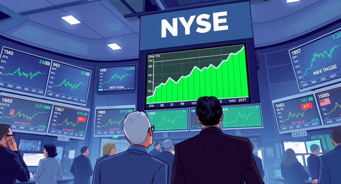 Dow Jones futures chart rising on trading floor screens amid US-Iran ceasefire extension