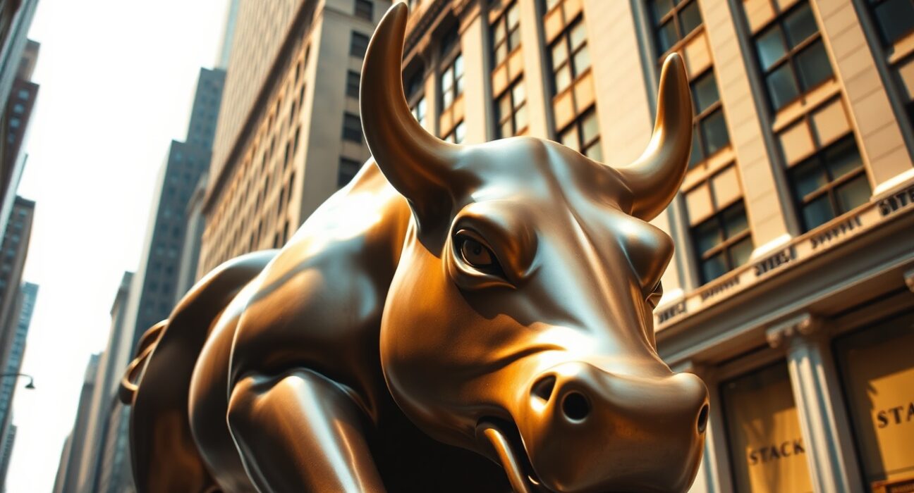 Dow Jones and Wall Street bull statue representing the 1,200-point futures surge on ceasefire news.