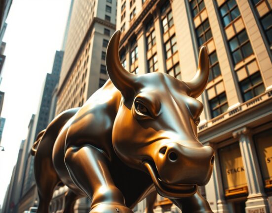 Dow Jones and Wall Street bull statue representing the 1,200-point futures surge on ceasefire news.